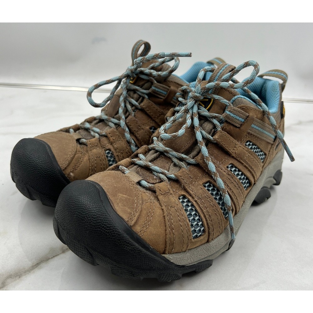 Keen Voyageur Womens Hiking Shoes Brown Blue Leather Mesh Low Top Trail Sneakers